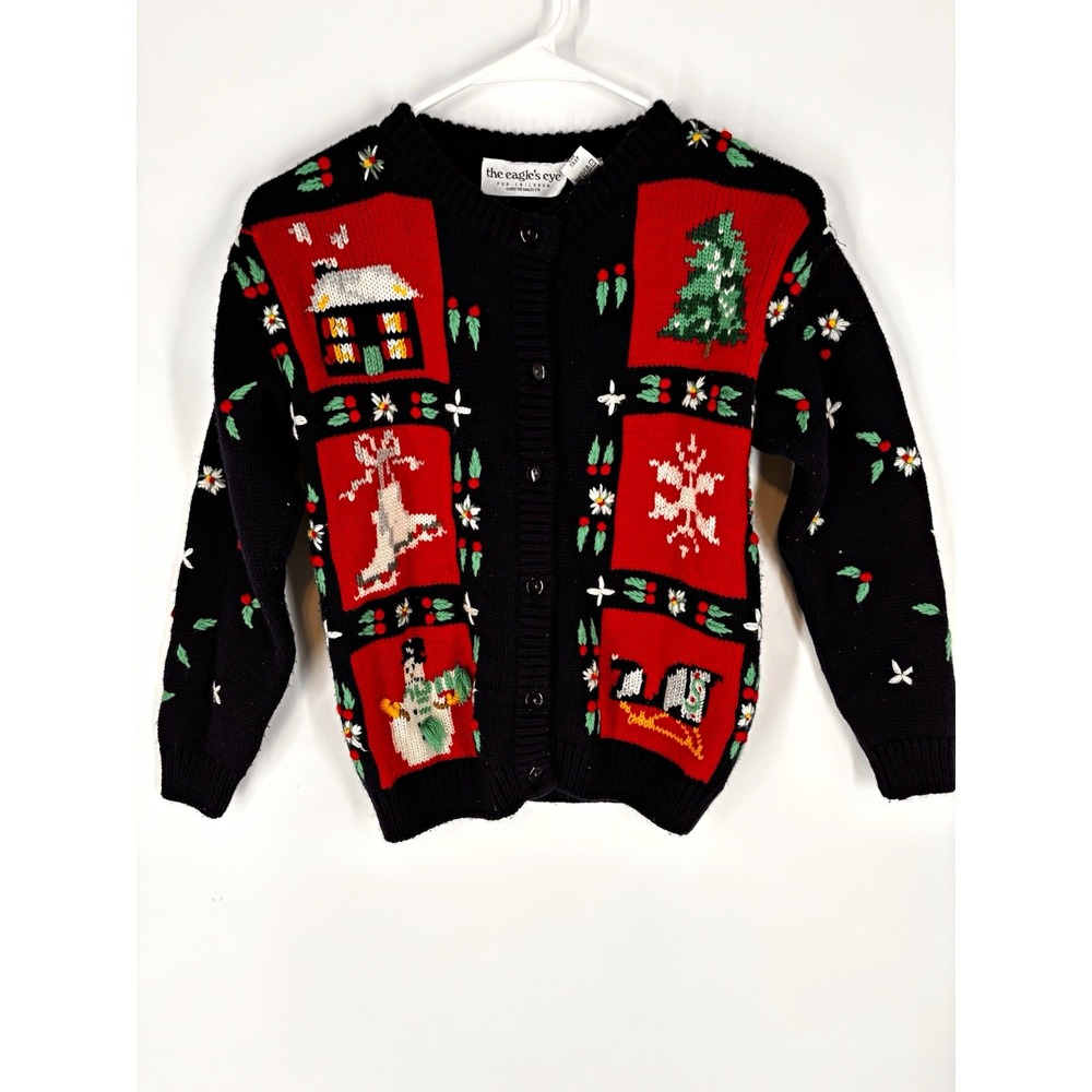The Eagle's Eye Girls Vintage Christmas Cardigan Block Print Hand Knit Holiday